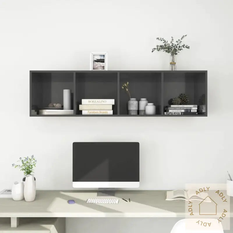 Vegghengt Tv-Benk Høyglans Grå 37X37X142,5 Cm Konstruert Tre