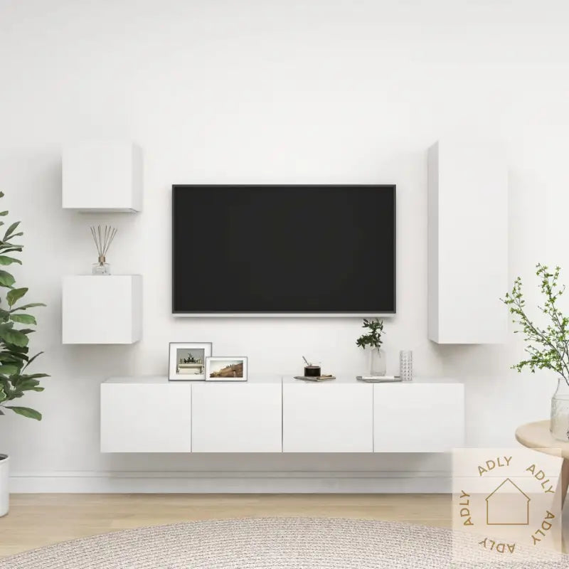 Tv-Benksett 5 Deler Hvit Konstruert Tre
