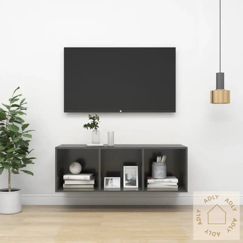 Vegghengt Tv-Benk Høyglans Grå 37X37X107 Cm Konstruert Tre