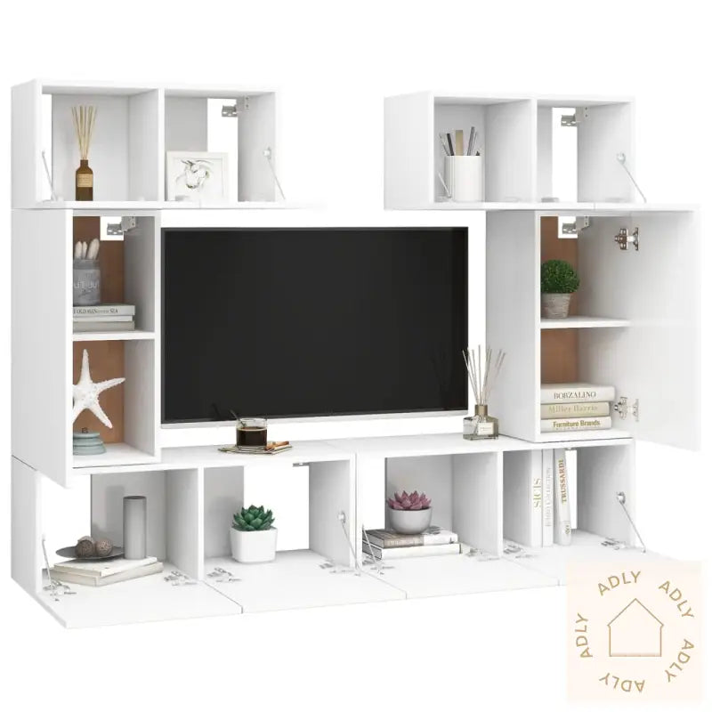 Tv-Benksett 6 Deler Hvit Konstruert Tre