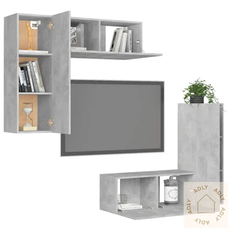 Tv-Benksett 4 Deler Betonggrå Konstruert Tre