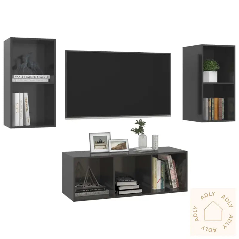 Tv-Benksett 5 Deler Høyglans Grå Konstruert Tre