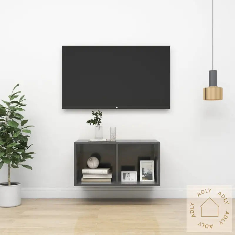 Vegghengt Tv-Benk Høyglans Grå 37X37X72 Cm Konstruert Tre