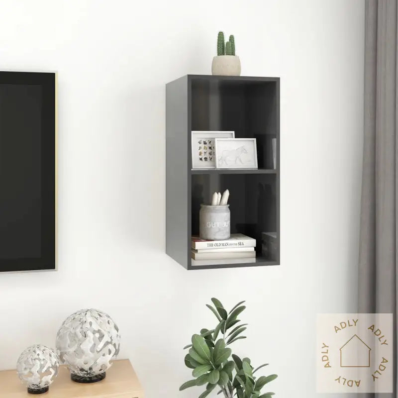 Vegghengt Tv-Benk Høyglans Grå 37X37X72 Cm Konstruert Tre