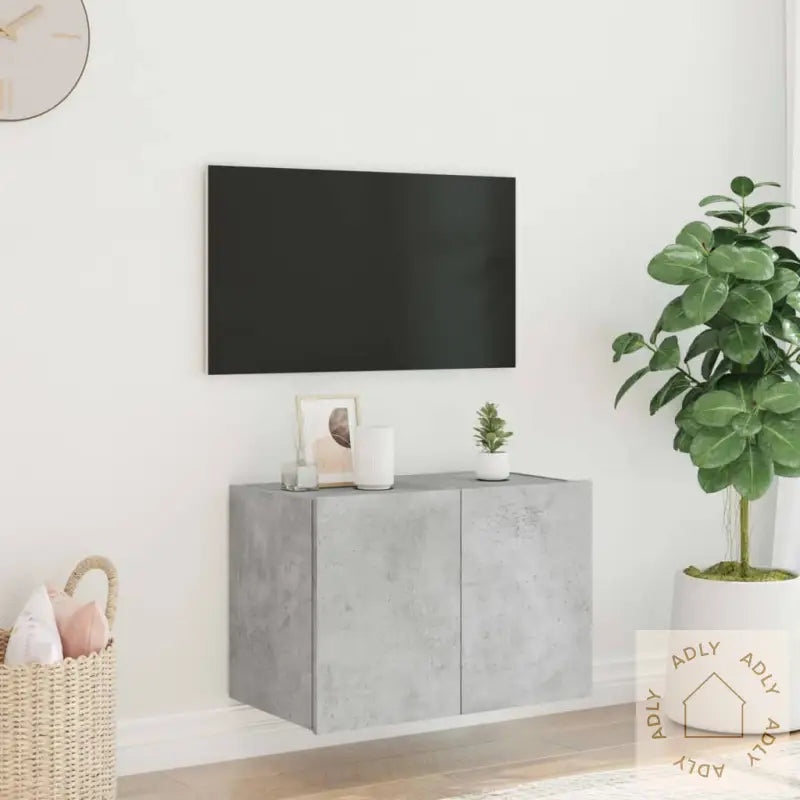 Vegghengt Tv-Benk Med Led-Lys Betonggrå 60X35X41 Cm