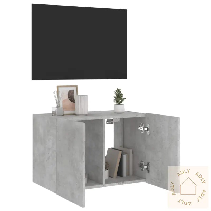 Vegghengt Tv-Benk Med Led-Lys Betonggrå 60X35X41 Cm
