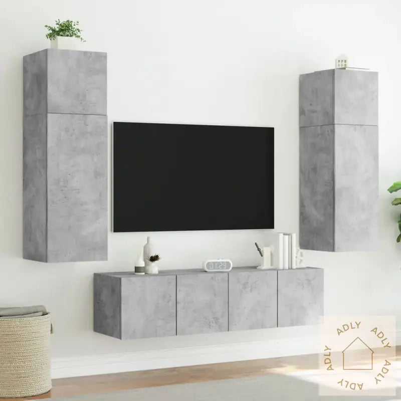 Vegghengt Tv-Benk Med Led-Lys Betonggrå 60X35X41 Cm
