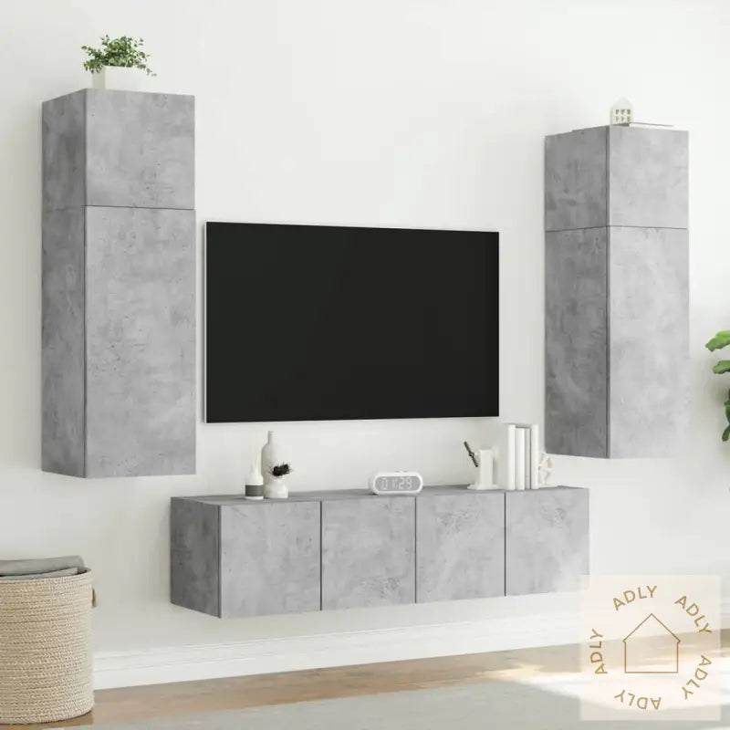 Vegghengte Tv-Benker Med Led-Lys 2 Stk Betonggrå 80X35X31 Cm