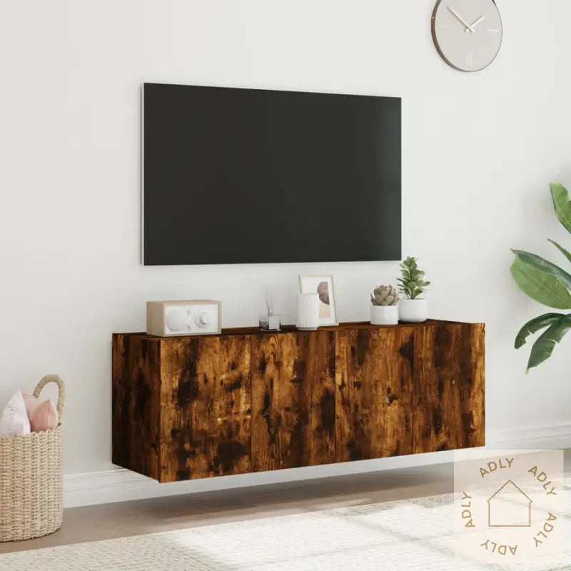 Vegghengte Tv-Benker Med Led-Lys 2 Stk Røkt Eik 60X35X41 Cm