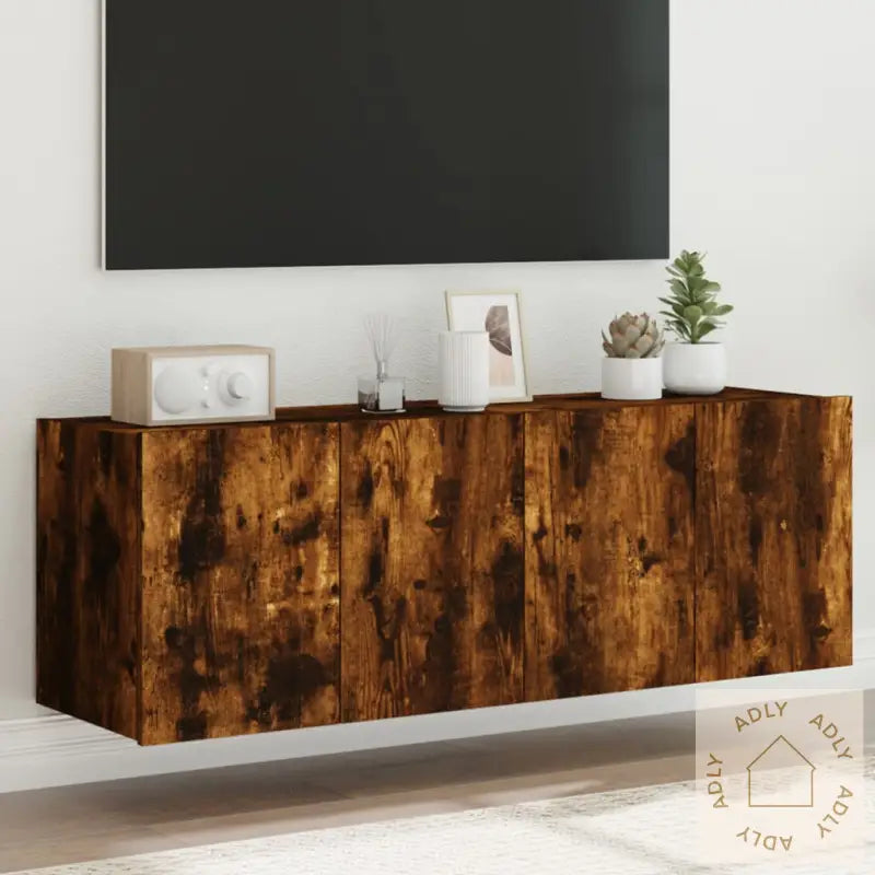 Vegghengte Tv-Benker Med Led-Lys 2 Stk Røkt Eik 60X35X41 Cm