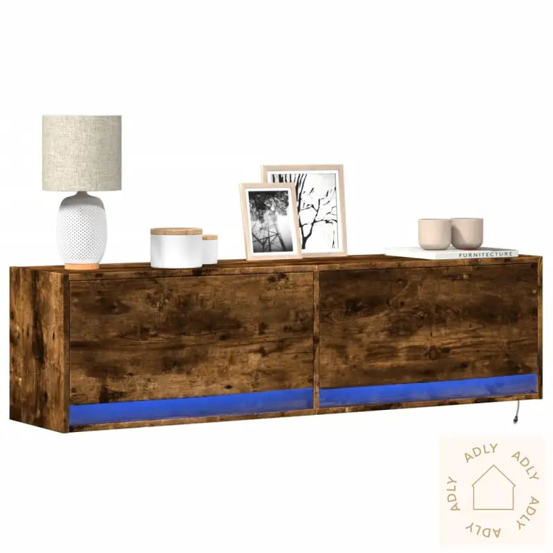 Vegghengt Tv-Benk Med Led Røkt Eik 140X31X38 Cm