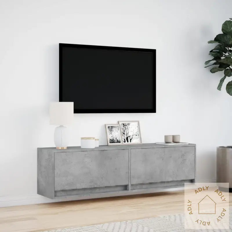 Vegghengt Tv-Benk Med Led-Lys Betonggrå 140X31X38 Cm