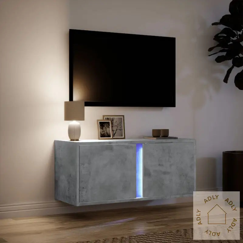 Vegghengt Tv-Benk Med Led-Lys Betonggrå 80X31X35 Cm