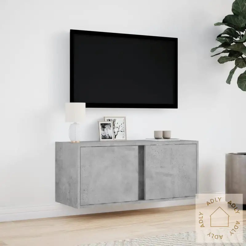 Vegghengt Tv-Benk Med Led-Lys Betonggrå 80X31X35 Cm