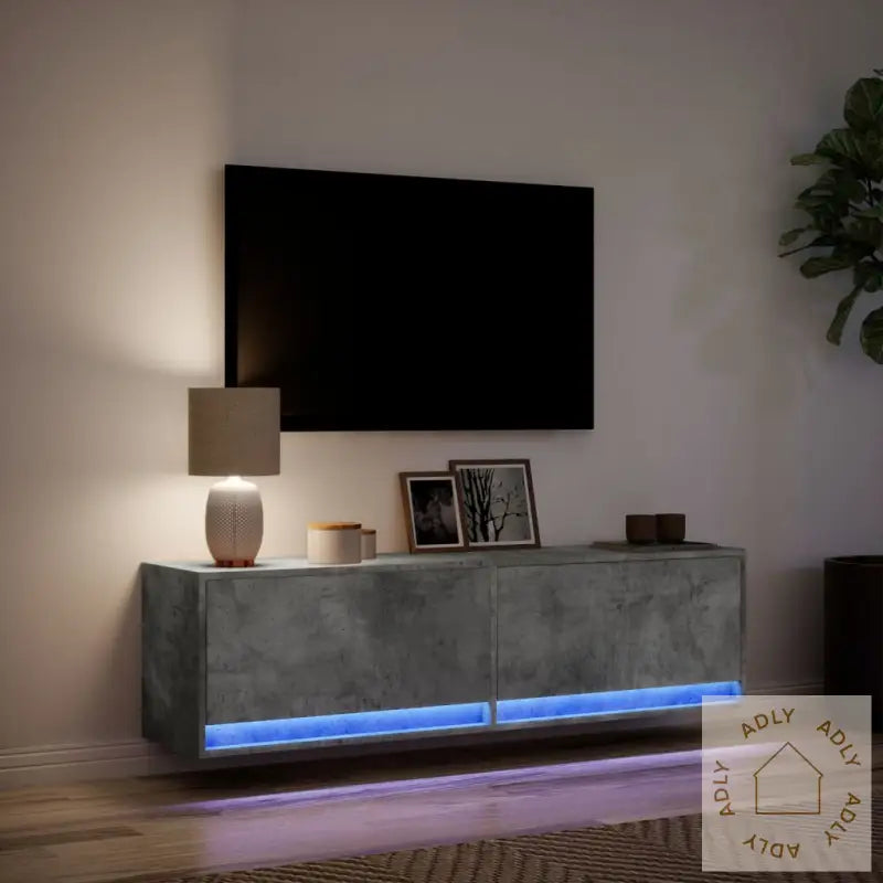 Vegghengt Tv-Benk Med Led-Lys Betonggrå 140X31X38 Cm