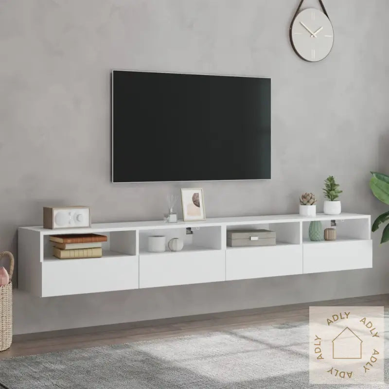Vegghengte Tv-Benker 2 Stk Hvit 100X30X30 Cm Konstruert Tre