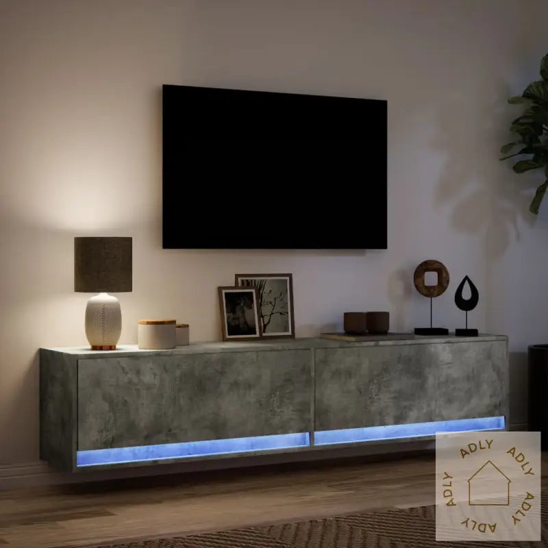 Vegghengt Tv-Benk Med Led Betonggrå 180X31X38 Cm