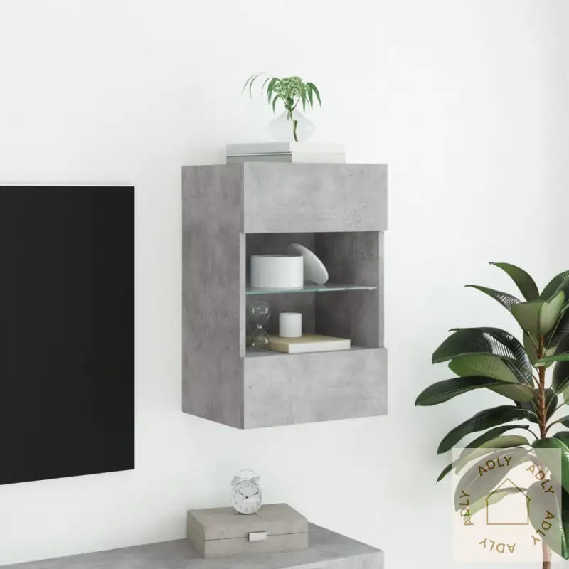 Vegghengt Tv-Benk Med Led-Lys Betonggrå 40X30X60,5 Cm