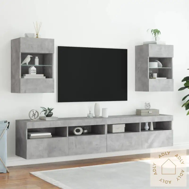 Vegghengt Tv-Benk Med Led-Lys Betonggrå 40X30X60,5 Cm