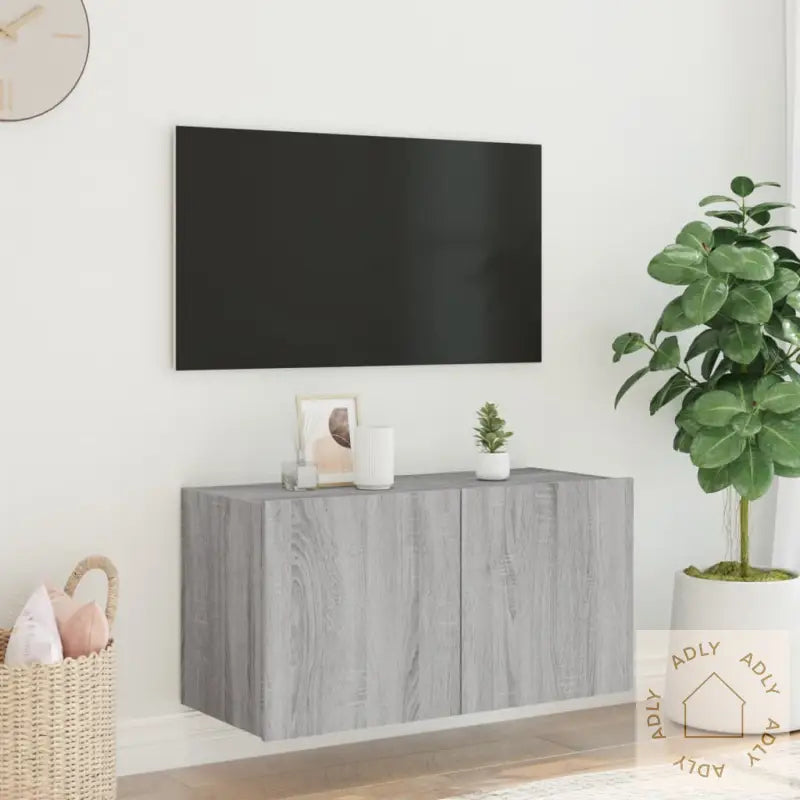 Vegghengt Tv-Benk Med Led Grå Sonoma 80X35X41 Cm