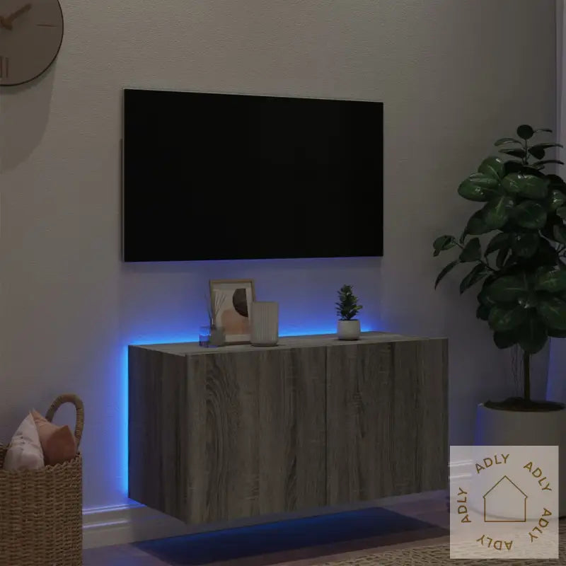Vegghengt Tv-Benk Med Led Grå Sonoma 80X35X41 Cm