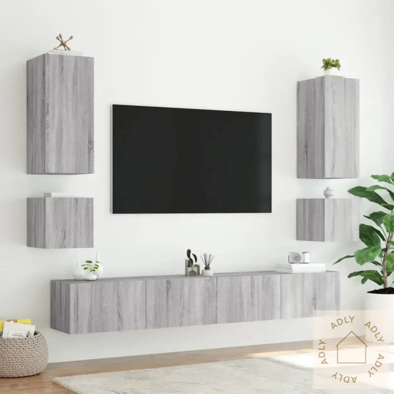 Vegghengte Tv-Benker Med Led 2 Stk Grå Sonoma 40,5X35X40 Cm