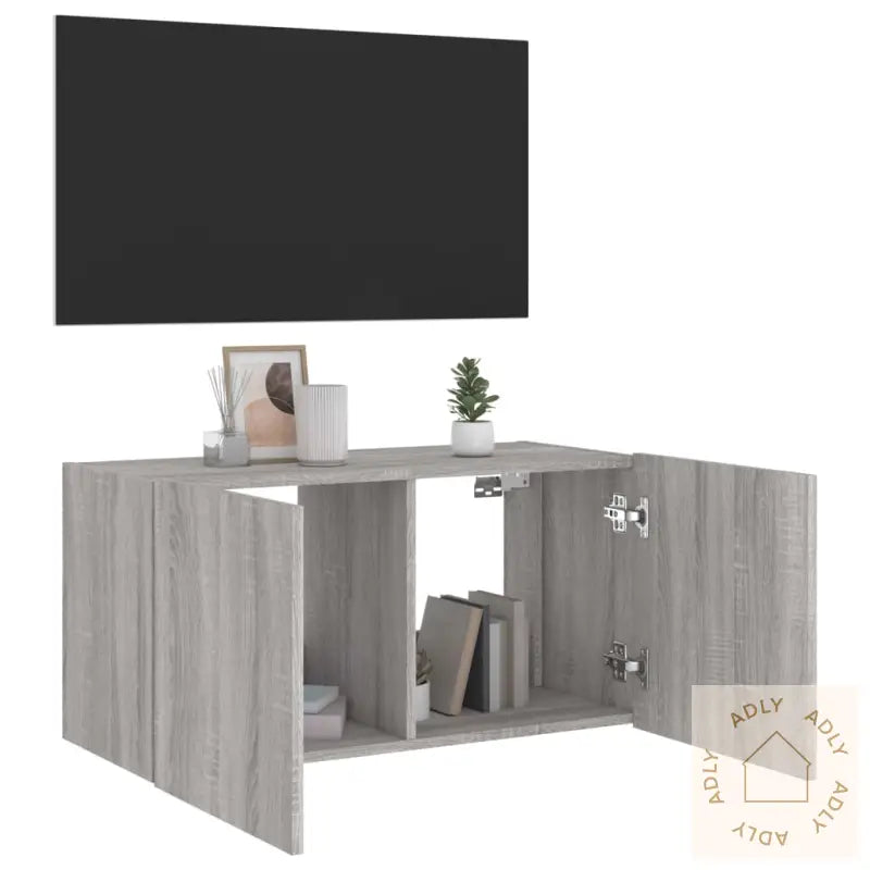 Vegghengt Tv-Benk Med Led Grå Sonoma 80X35X41 Cm
