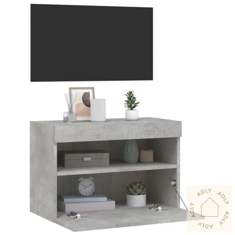 Vegghengt Tv-Benk Med Led-Lys Betonggrå 60X30X40 Cm