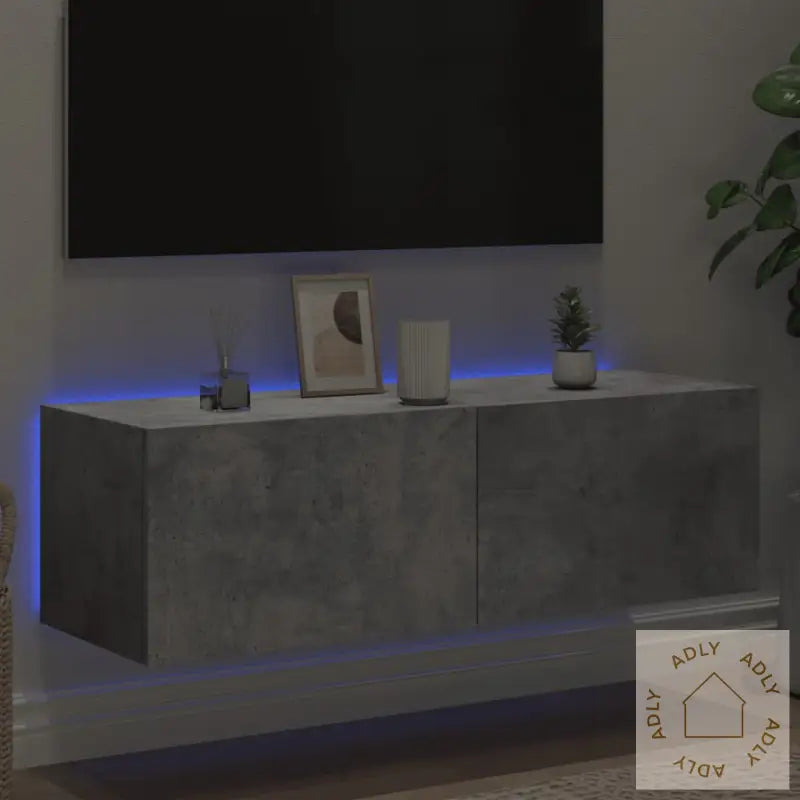 Vegghengt Tv-Benk Med Led-Lys Betonggrå 100X35X31 Cm