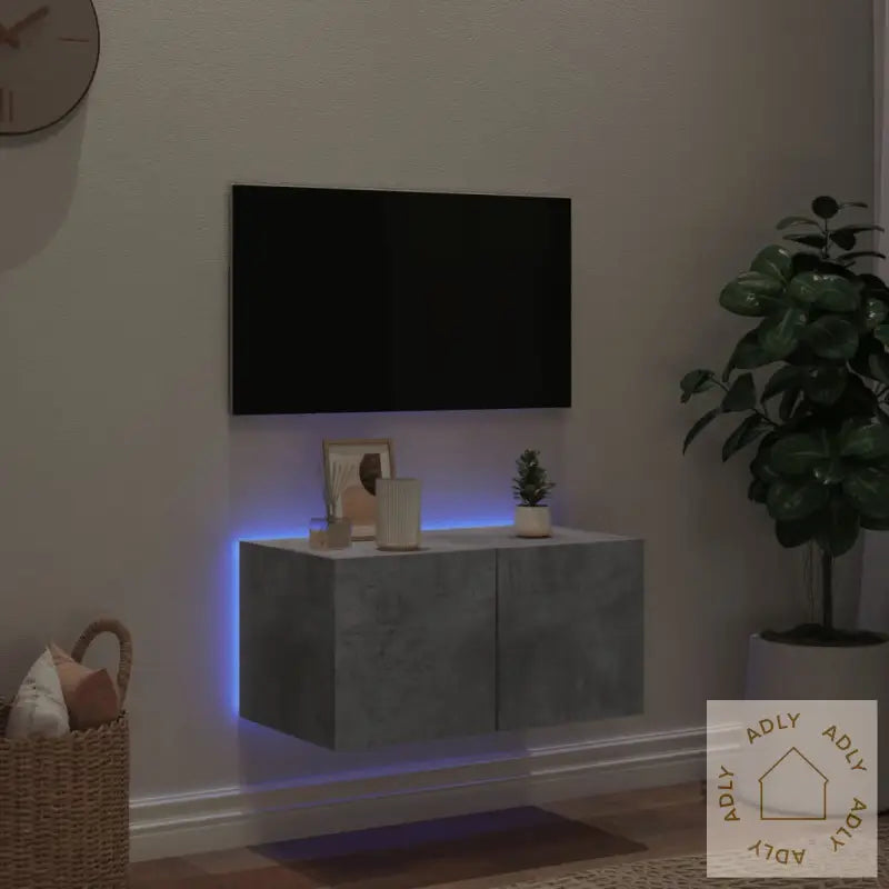 Vegghengt Tv-Benk Med Led-Lys Betonggrå 60X35X31 Cm