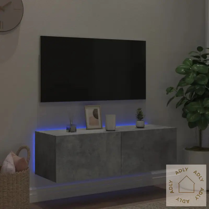 Vegghengt Tv-Benk Med Led-Lys Betonggrå 100X35X31 Cm