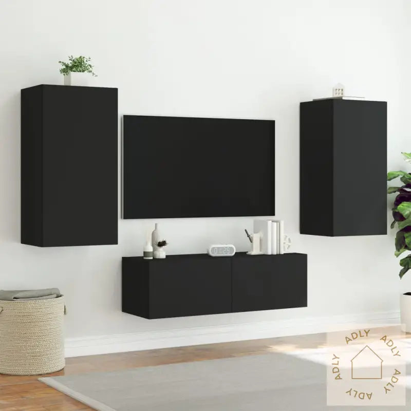 Vegghengt Tv-Benk Med Led Svart 40,5X35X80 Cm