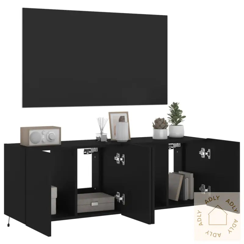 Vegghengte Tv-Benker Med Led 2 Stk Svart 60X35X41 Cm