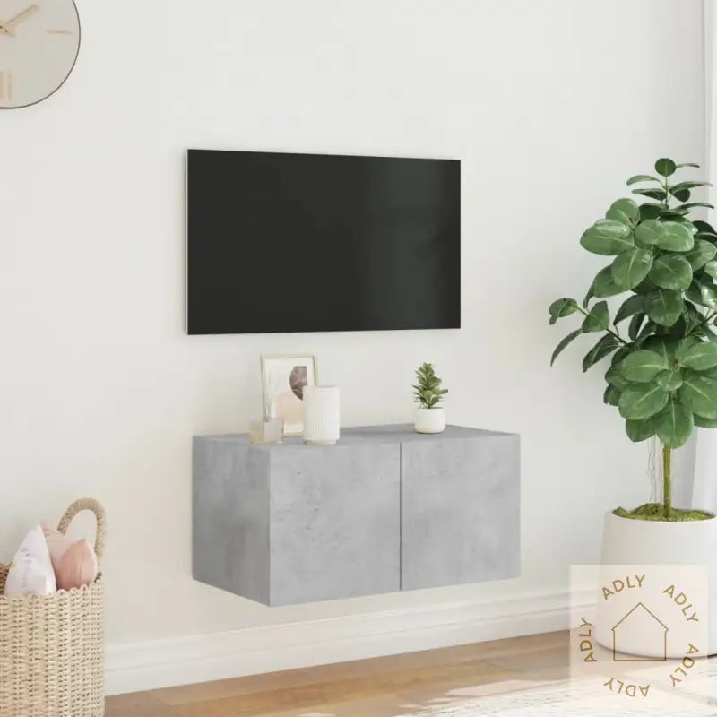 Vegghengt Tv-Benk Med Led-Lys Betonggrå 60X35X31 Cm