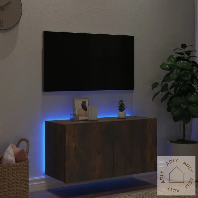 Vegghengt Tv-Benk Med Led Røkt Eik 80X35X41 Cm