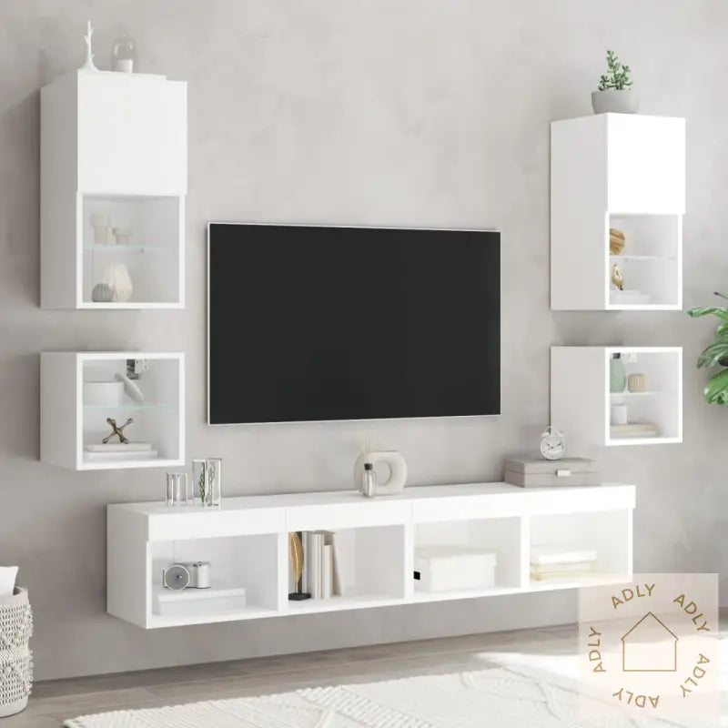 Vegghengt Tv-Benk Med Led 2 Stk Hvit 30X28,5X30 Cm