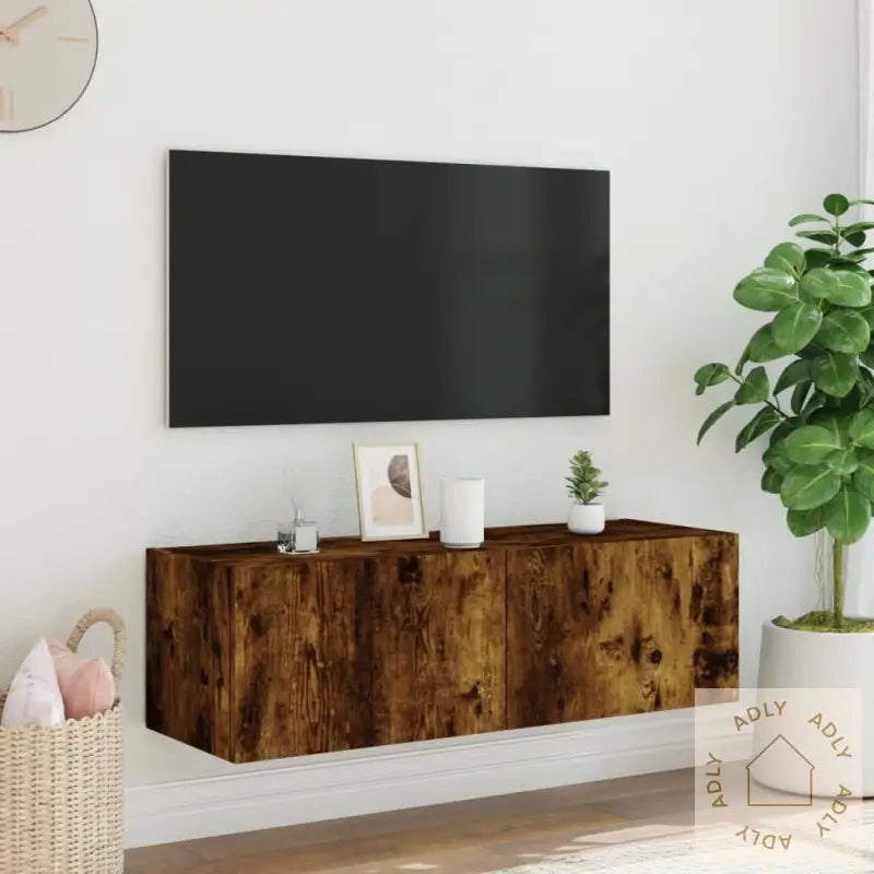 Vegghengt Tv-Benk Med Led Røkt Eik 100X35X31 Cm