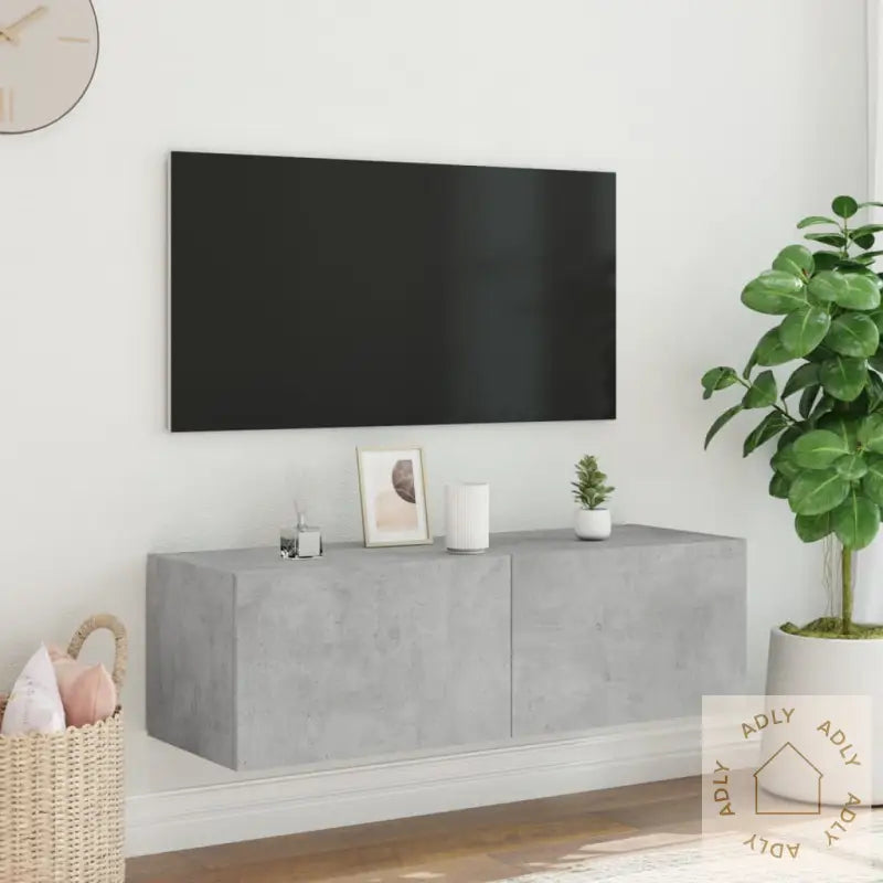 Vegghengt Tv-Benk Med Led-Lys Betonggrå 100X35X31 Cm