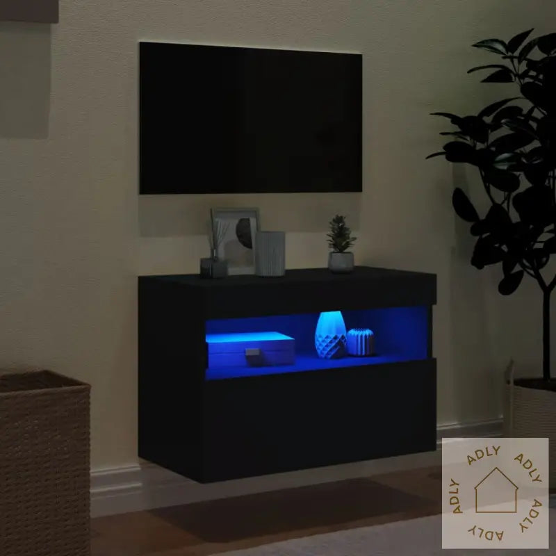 Vegghengt Tv-Benk Med Led Svart 60X30X40 Cm