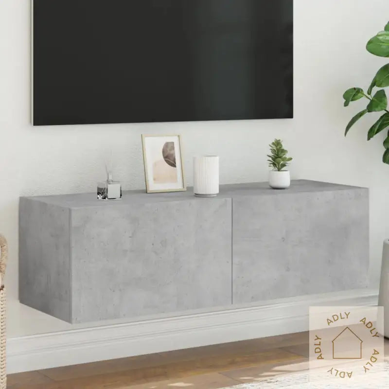 Vegghengt Tv-Benk Med Led-Lys Betonggrå 100X35X31 Cm