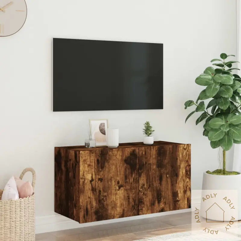 Vegghengt Tv-Benk Med Led Røkt Eik 80X35X41 Cm