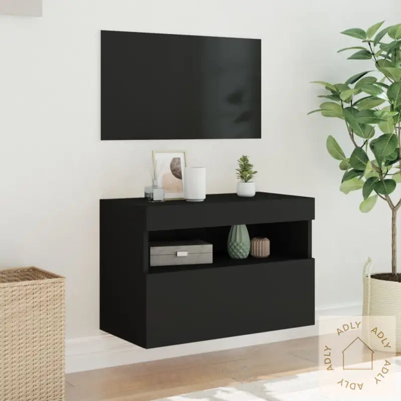 Vegghengt Tv-Benk Med Led Svart 60X30X40 Cm