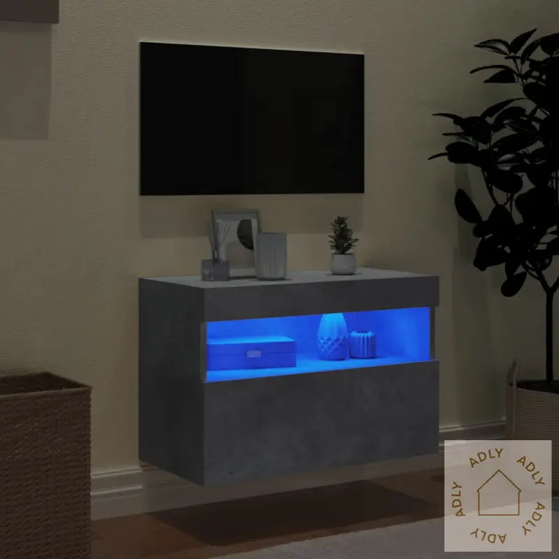 Vegghengt Tv-Benk Med Led-Lys Betonggrå 60X30X40 Cm