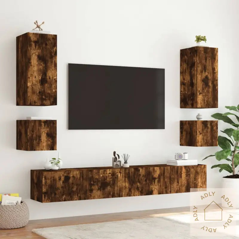 Vegghengte Tv-Benker Med Led-Lys 2 Stk Røkt Eik 40,5X35X40 Cm