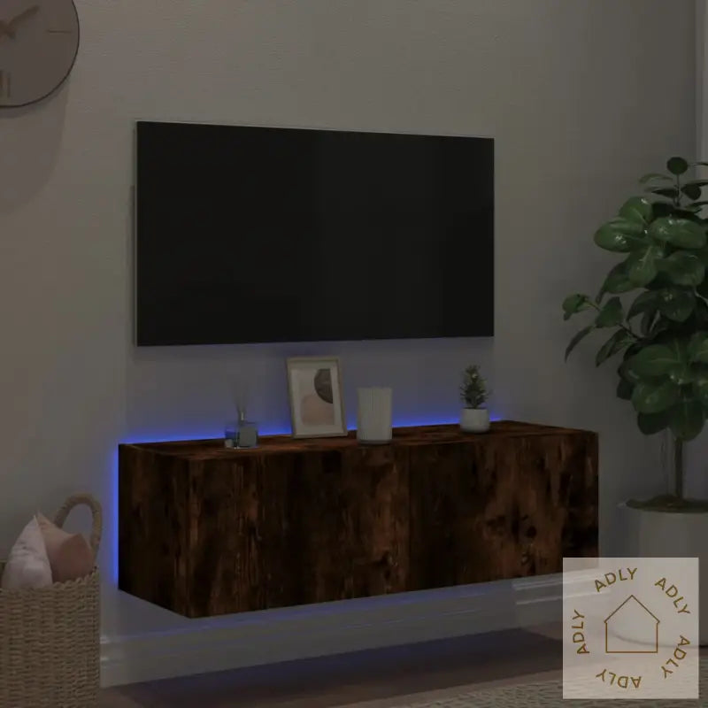 Vegghengt Tv-Benk Med Led Røkt Eik 100X35X31 Cm