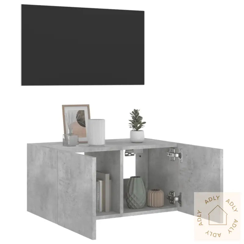 Vegghengt Tv-Benk Med Led-Lys Betonggrå 60X35X31 Cm