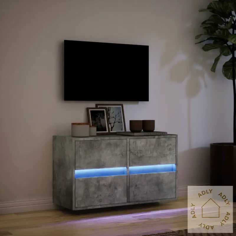 Vegghengt Tv-Benk Med Led-Lys Betonggrå 80X31X45 Cm
