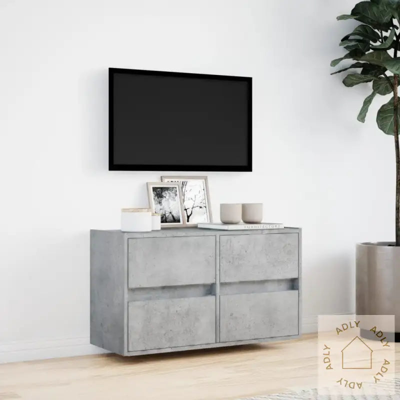 Vegghengt Tv-Benk Med Led-Lys Betonggrå 80X31X45 Cm