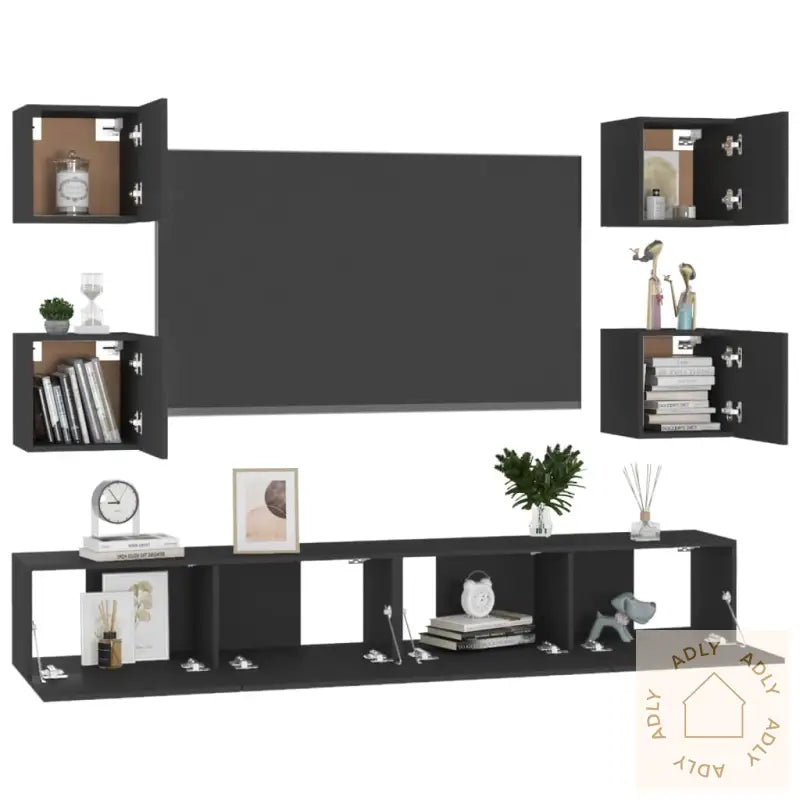 Tv-Benksett 6 Deler Svart Konstruert Tre