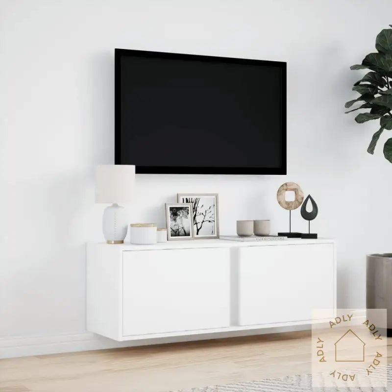 Vegghengt Tv-Benk Med Led Hvit 100X31X35 Cm